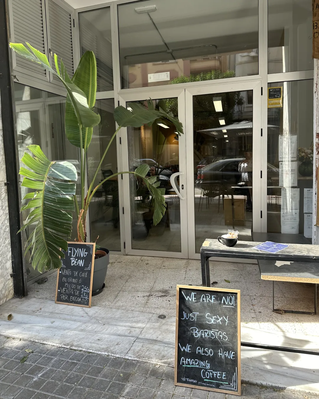 Entrance to Flying Coffee Coffee in Arrancapins